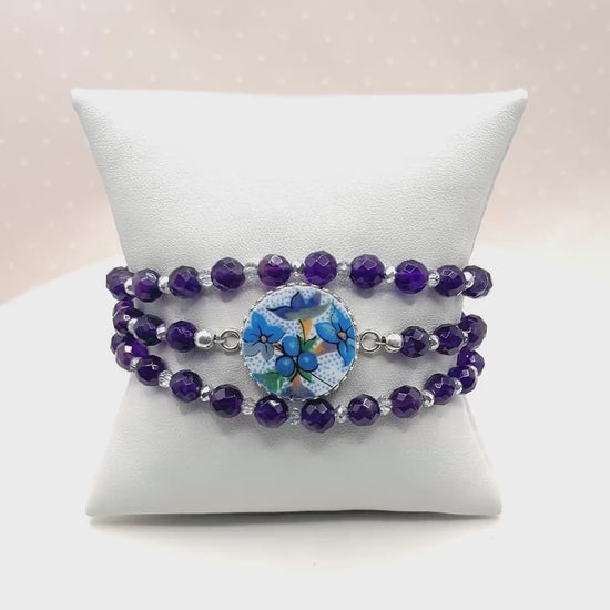 One-of-a-Kind Amethyst Gemstone Triple Wrap Bracelet, Vintage Chintz China, Flower Jewelry