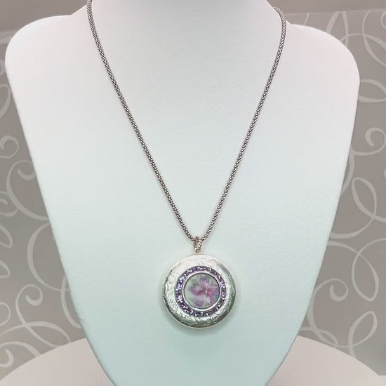 Adjustable Photo Locket, Crystal Necklace, Hand Painted French Limoges Porcelain, Broken China Jewelry