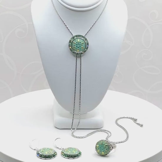 Mint Green Glass Button Jewelry Set, Adjustable Crystal Lariat Necklace, Unique Gifts for Her