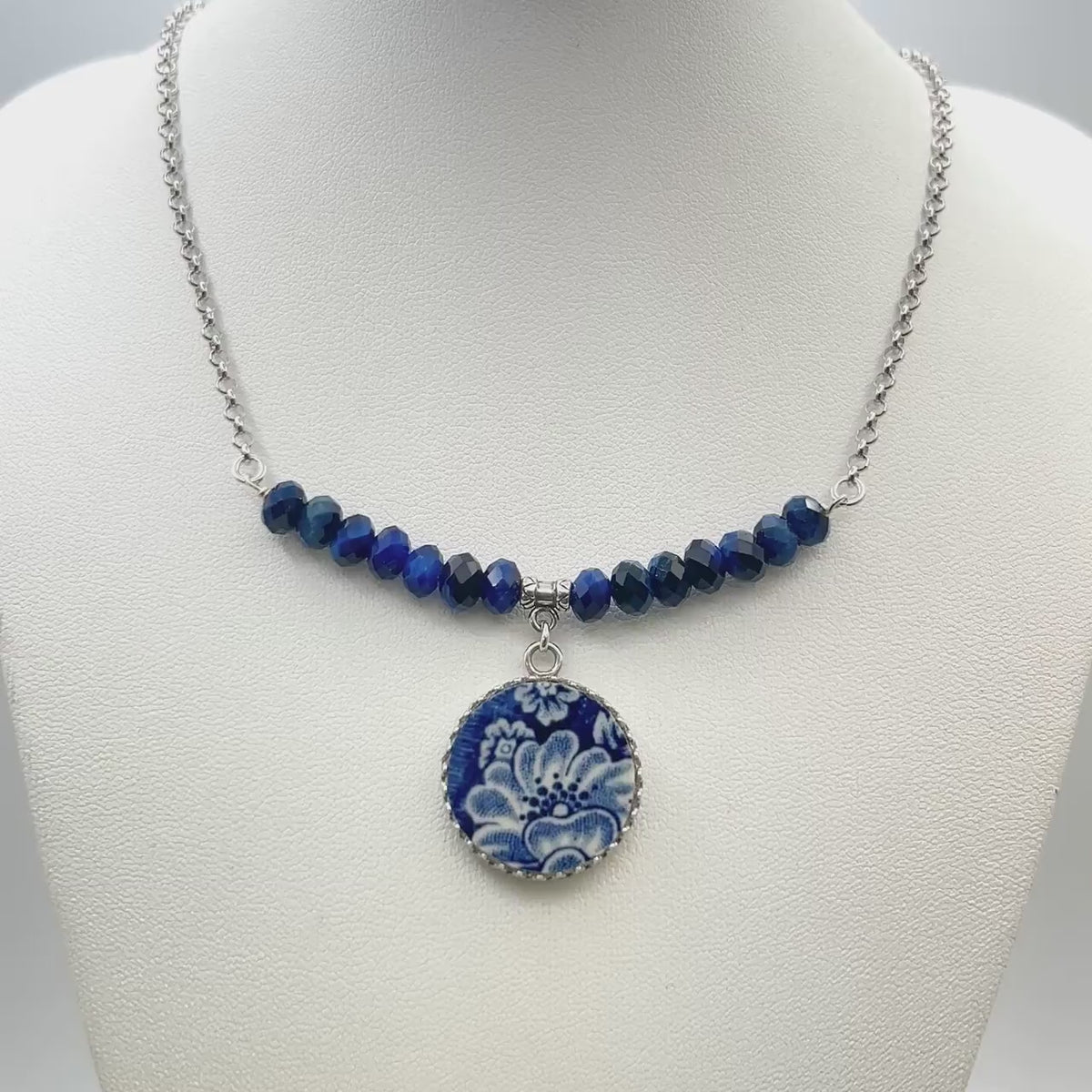 Sterling Silver Liberty Blue China Pendant Necklace,  Repurposed Broken China Jewelry, 18th/20th Anniversary, Gift for Wife, Mom Gift