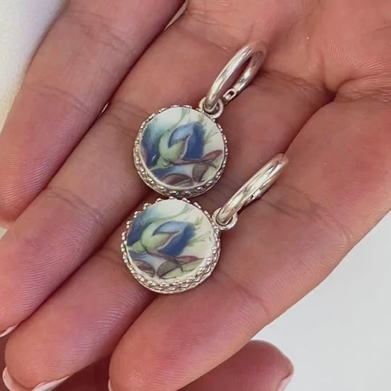 Royal Albert Moonlight Rose Hoop Earrings, Sterling Silver Broken China Jewelry, Blue Rose Earrings
