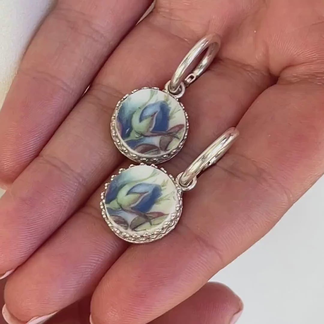 Royal Albert Moonlight Rose Hoop Earrings, Sterling Silver Broken China Jewelry, Blue Rose Earrings