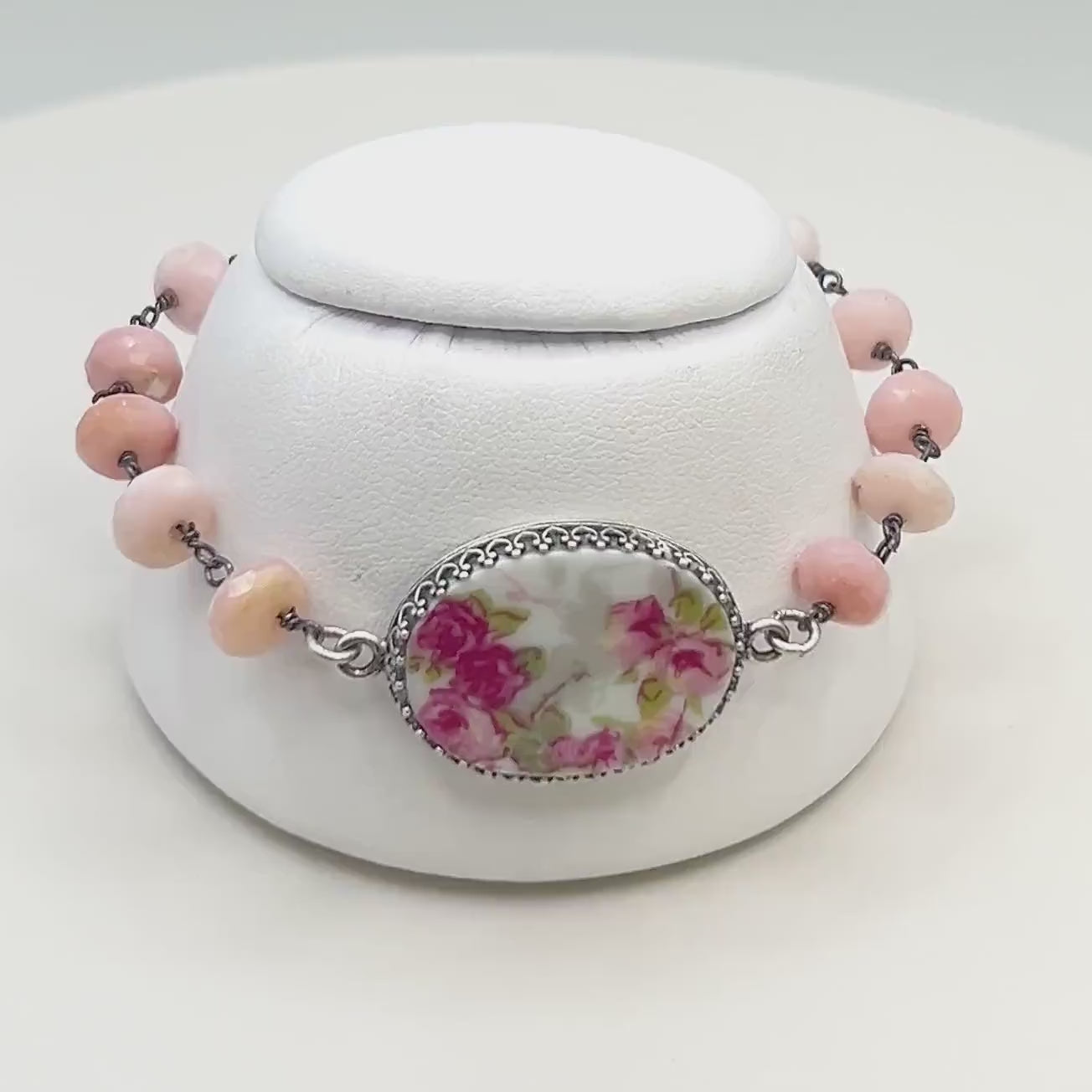 One-of-a-Kind Pink Opal Bracelet, Hand Painted French Limoges, Antique Porcelain Jewelry