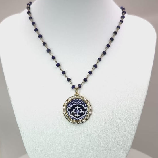 Blue Willow 9th Anniversary Lapis Lazuli Necklace, Romantic Gifts for Wife, Vintage Broken China Jewelry, Gold Crystal Necklace