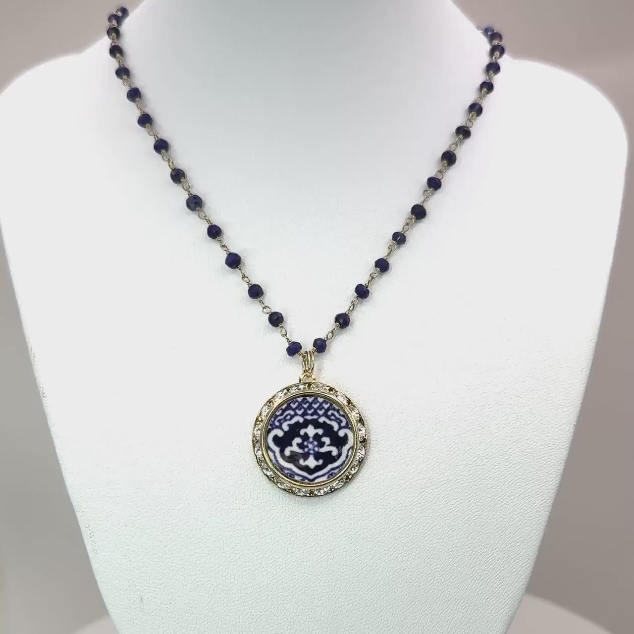 Blue Willow 9th Anniversary Lapis Lazuli Necklace, Romantic Gifts for Wife, Vintage Broken China Jewelry, Gold Crystal Necklace