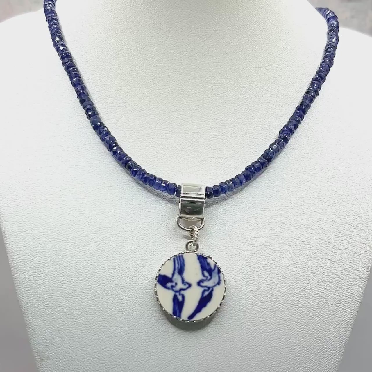 Sapphire Necklace, 20th Wedding Anniversary Gift for Wife, Love Birds, Vintage Blue Willow China