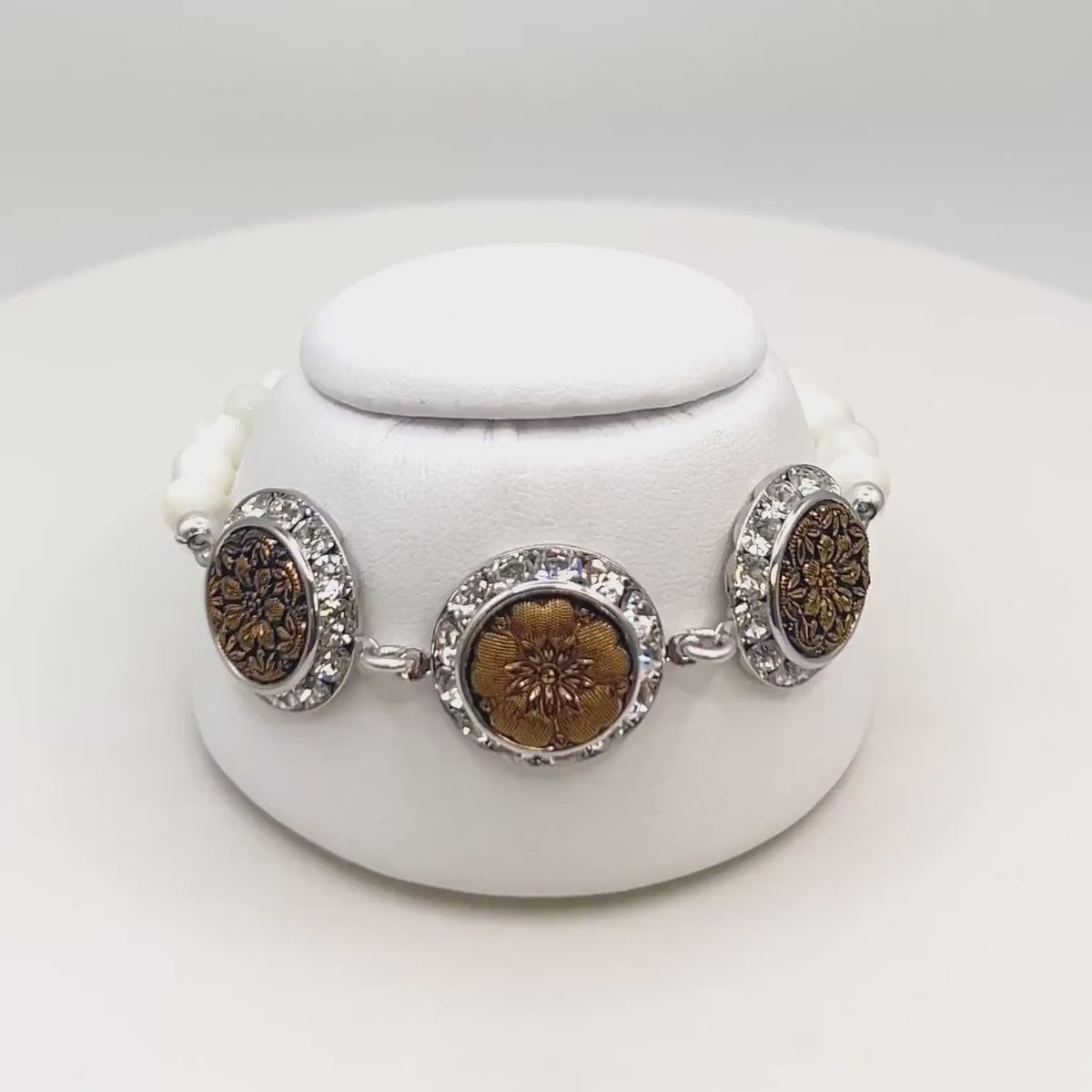 Victorian Black and Gold Glass Buttons, One-of-a-Kind Antique Button Bracelet, Crystal and Mother of Pearl Charm Bracelet