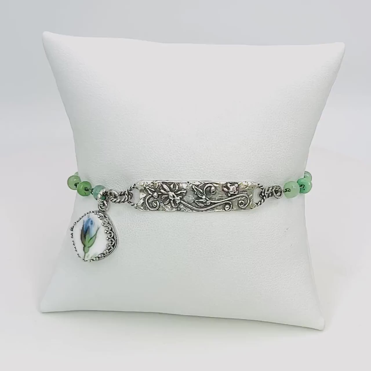 Dainty Natural Emerald Bracelet, 20th Anniversary Gift for Wife Blue Rose Broken China Jewelry, Royal Albert Moonlight Rose Vintage China