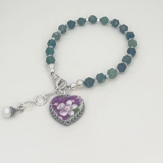 Natural Gemstone Heart Charm Bracelet, Sterling Silver, Vintage China Violets, Unique 20th Anniversary Gifts for Wife