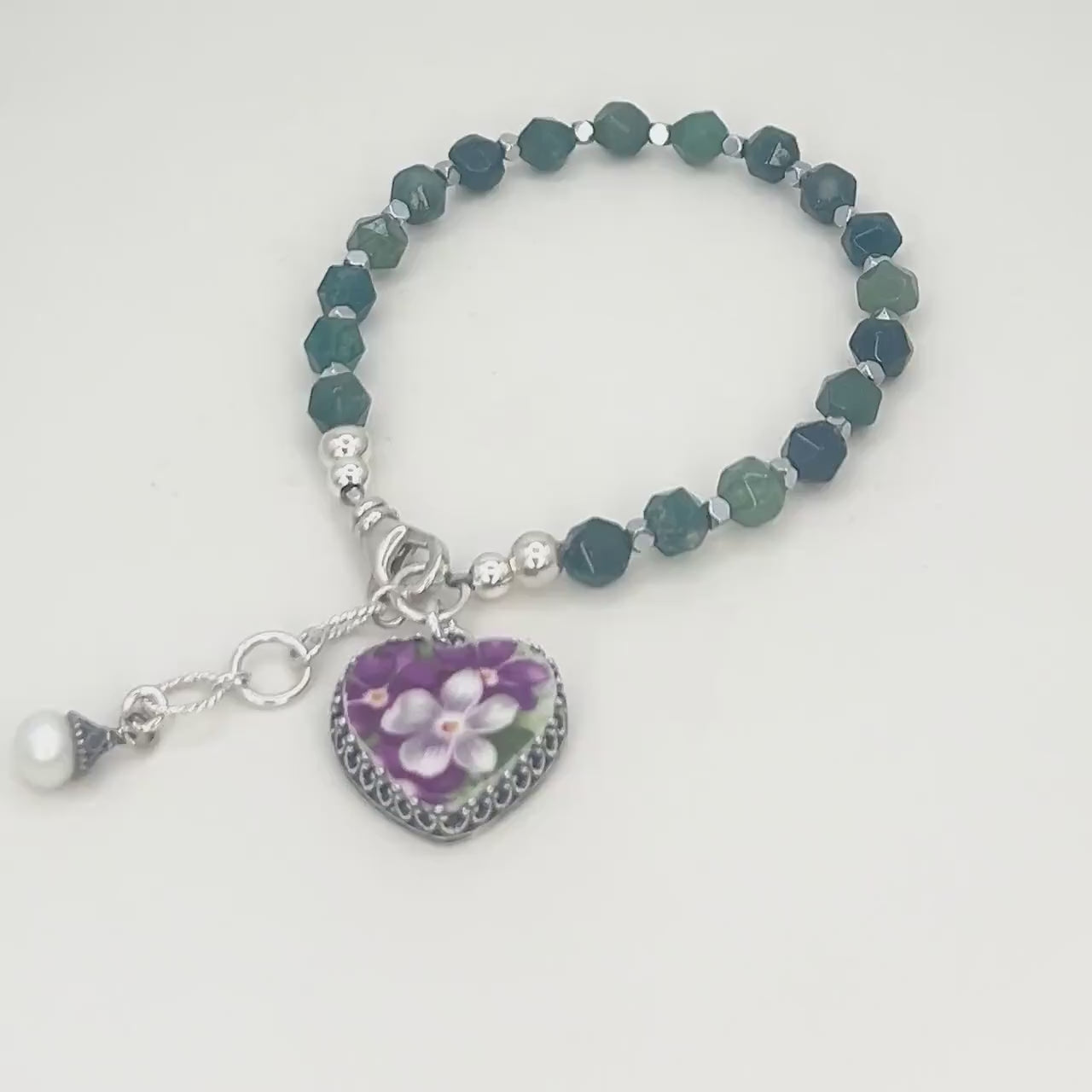 Natural Gemstone Heart Charm Bracelet, Sterling Silver, Vintage China Violets, Unique 20th Anniversary Gifts for Wife
