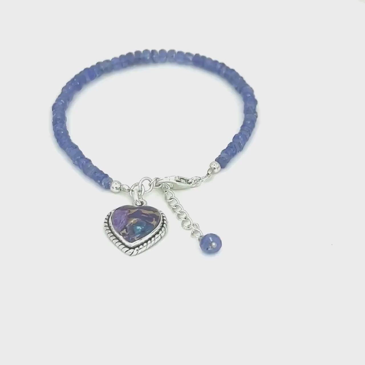 One-of-a-Kind Tanzanite Bracelet, Turquoise Heart Charm, Sterling Silver Jewelry Anniversary Gifts for Her