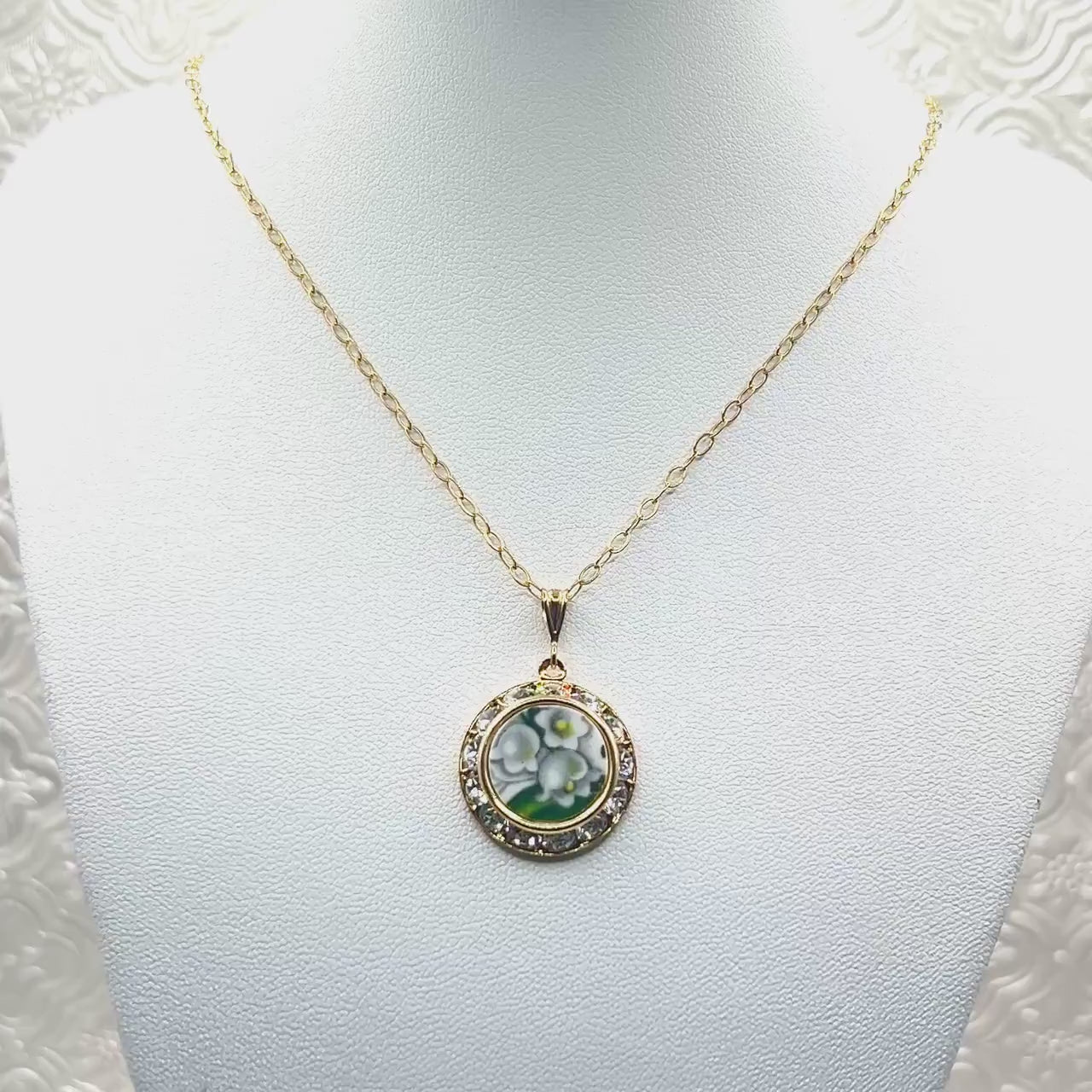 Lily of the Valley Necklace, 20th Wedding Anniversary Gift for Wife, Gold Crystal Broken China Jewelry
