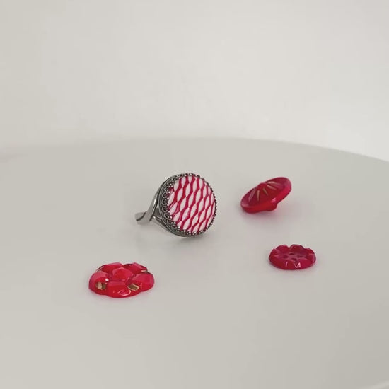 Vintage Red Glass Button Ring, Adjustable Silver Ring for Women, Unique Repurposed Christmas Jewelry, Mid-Century Jewelry