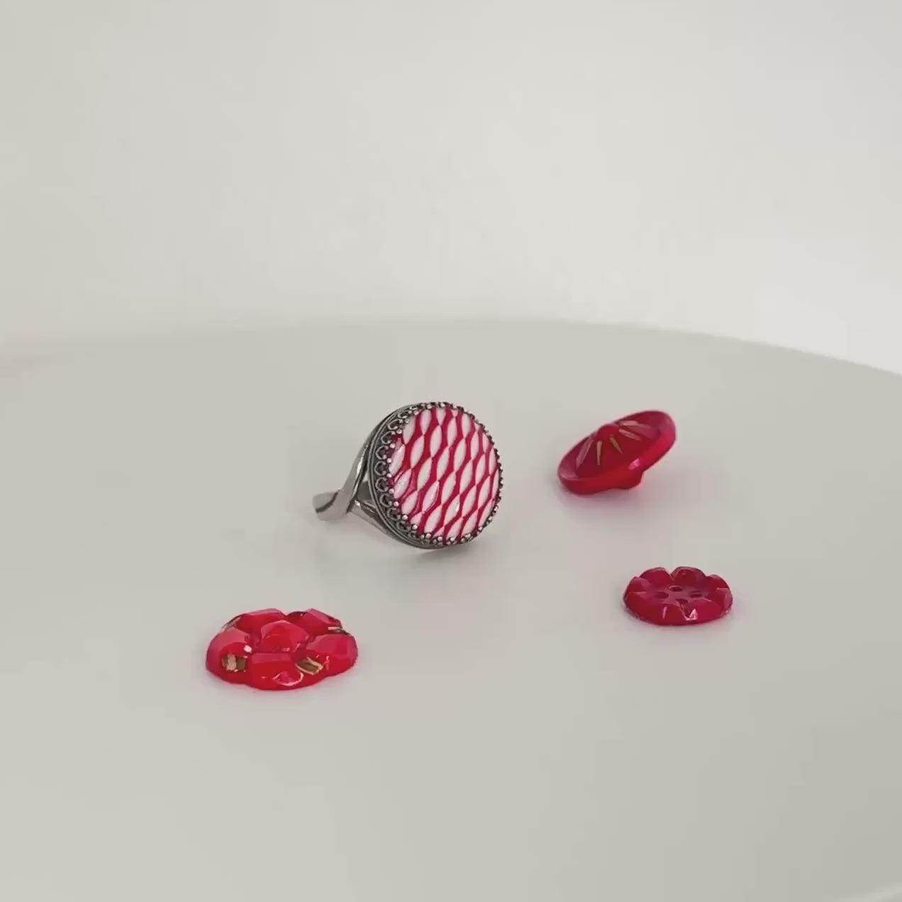 Vintage Red Glass Button Ring, Adjustable Silver Ring for Women, Unique Repurposed Christmas Jewelry, Mid-Century Jewelry