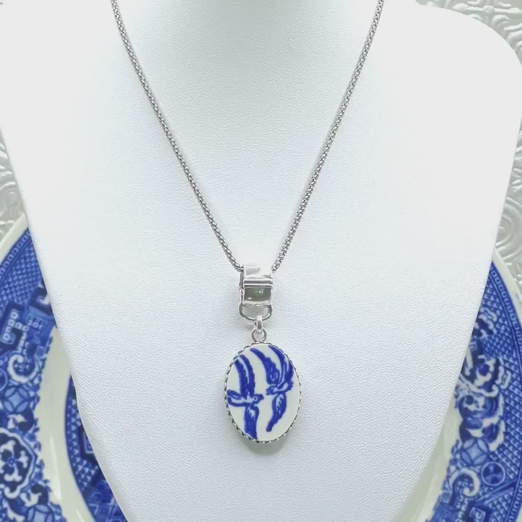 Vintage Love Birds Blue Willow Necklace, Broken China Jewelry, 20th Anniversary Gift for Wife, Blue Willow Ware Romantic China Necklace