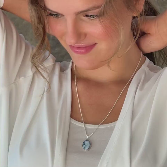 Cat Cameo Necklace, Cat Jewelry, Unique Gifts for Women, Blue Cameo Pendant, Sterling Silver, Woman Holding Cat