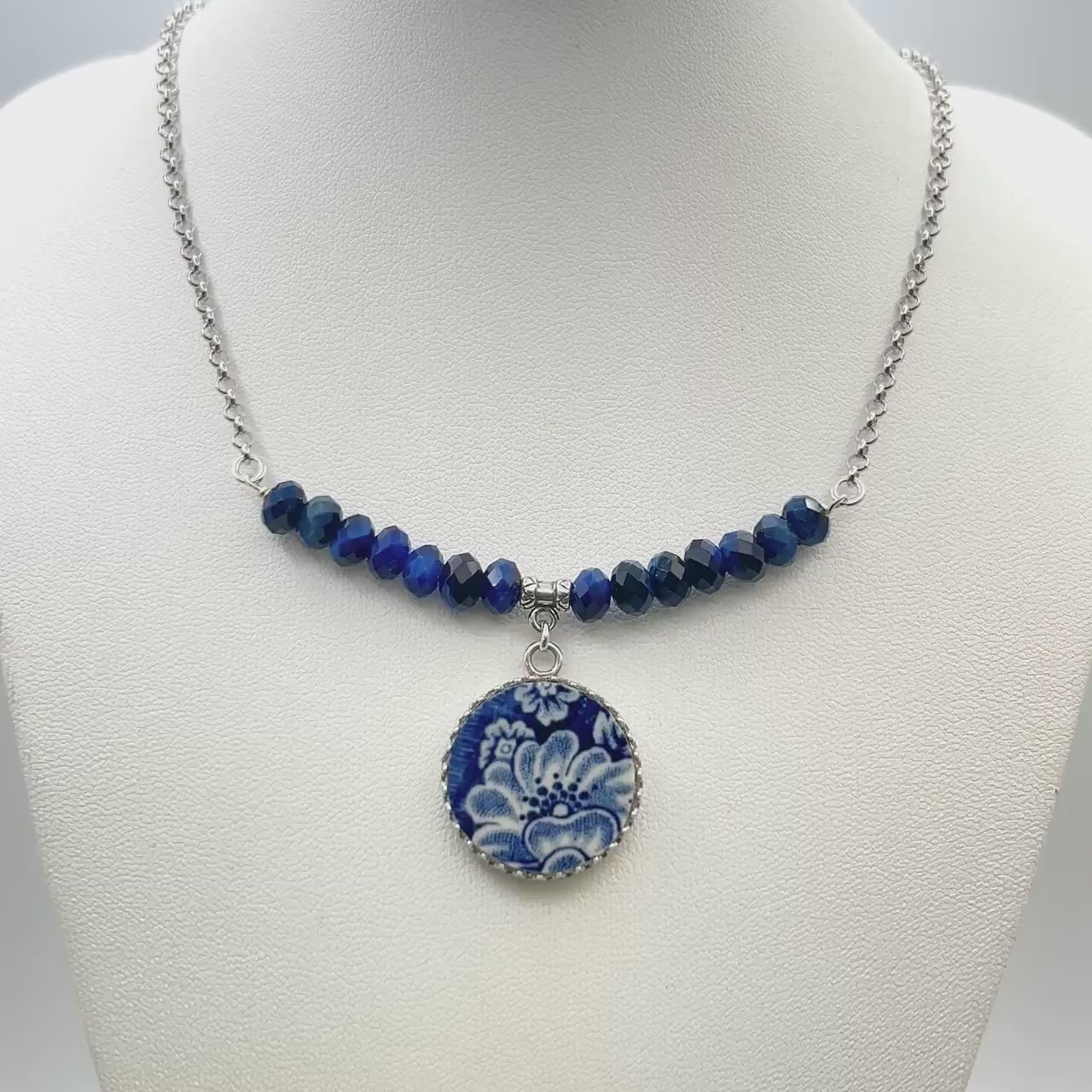 Sterling Silver Liberty Blue China Pendant Necklace, Vintage Repurposed Broken China Jewelry, 18th and 20th Anniversary Gift