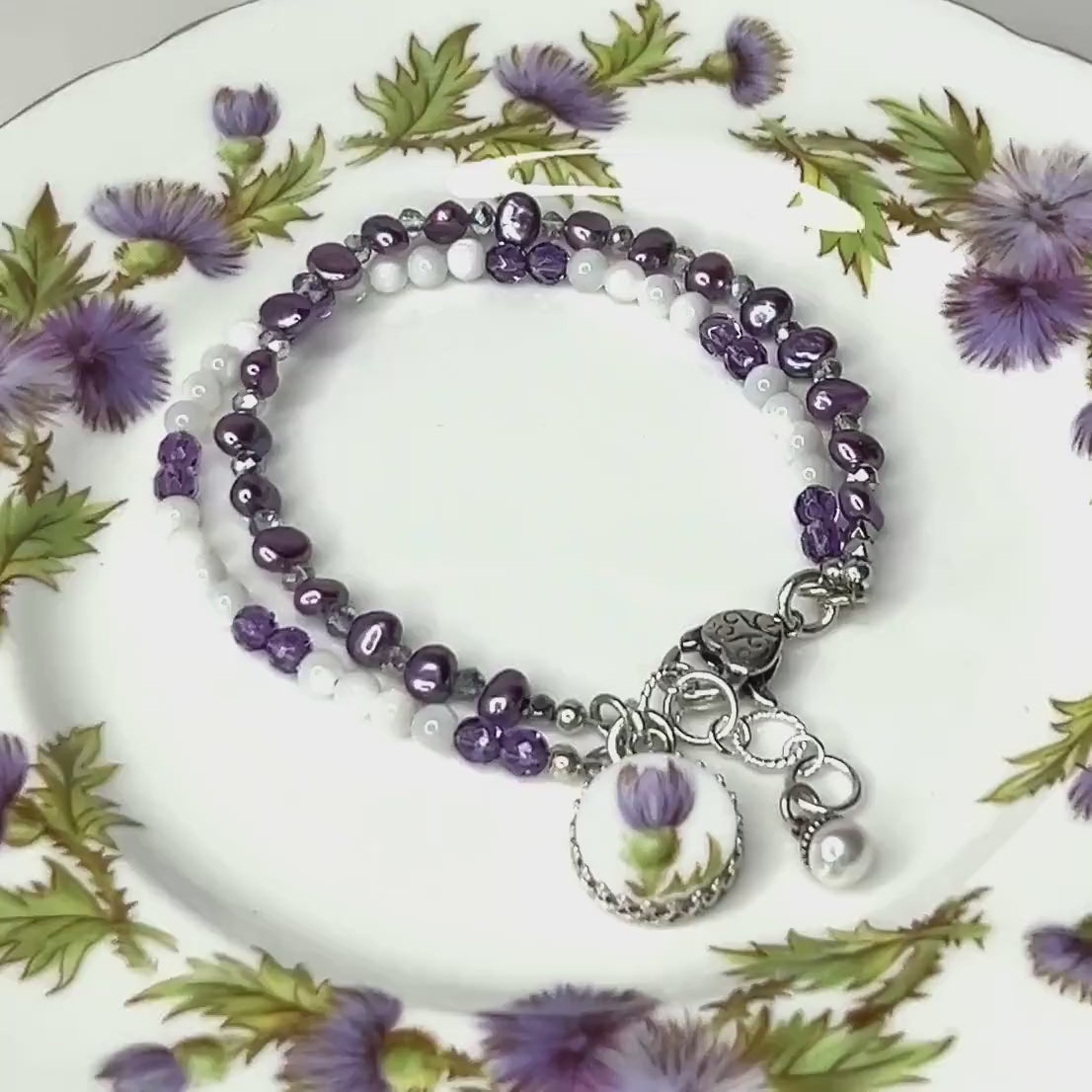 Adjustable Vintage Thistle Pearl Bracelet, Scottish Jewelry, Purple Flower Bracelet, Broken China Jewelry, 20th Anniversary Gifts for Wife