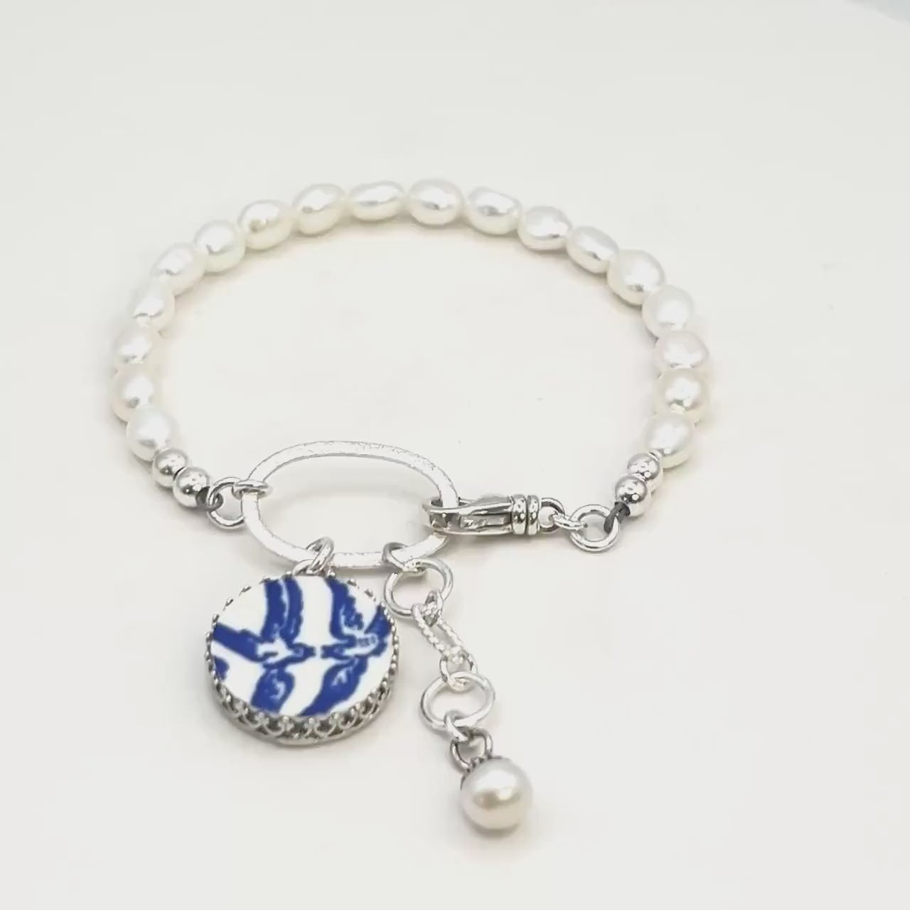 Adjustable Sterling Silver Love Birds Pearl Bracelet, Vintage China Jewelry, Wedding Sentimental Anniversary Gift