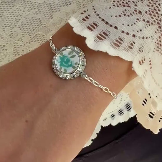 Dainty Crystal Bracelet, Blue Rose Porcelain Charm, Adjustable Sterling Silver Chain, Vintage China Jewelry