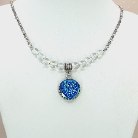 One-of-a-Kind Vintage Sterling & Glass Button Necklace, Angel Aura Quartz , Forget Me Not Floral Necklace