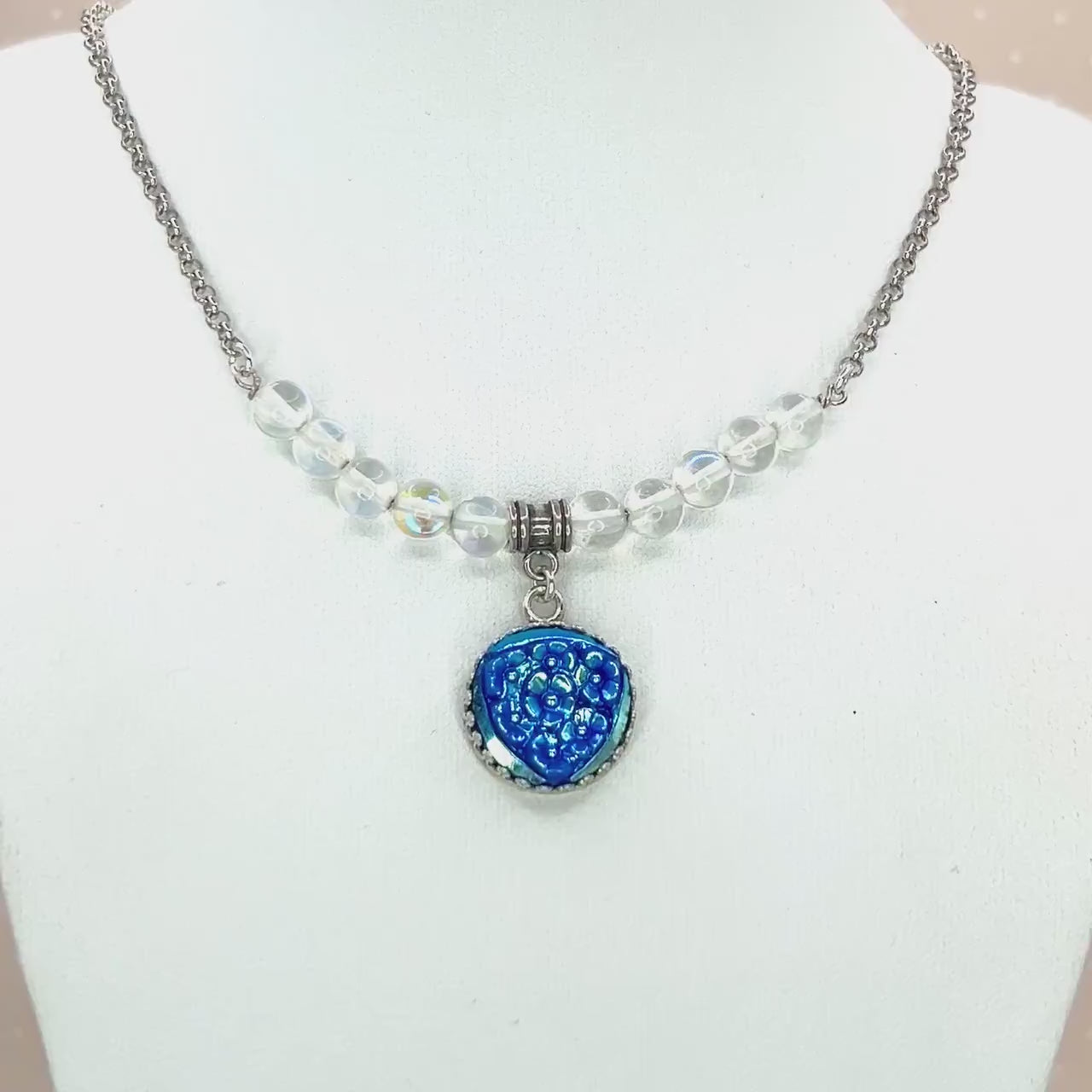 One-of-a-Kind Vintage Sterling & Glass Button Necklace, Angel Aura Quartz , Forget Me Not Floral Necklace