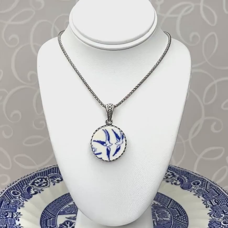 Love Birds Vintage Blue Willow Ware China Necklace, Broken China Jewelry, 20th Anniversary Gift for Wife Sterling Silver Antiqued Finish