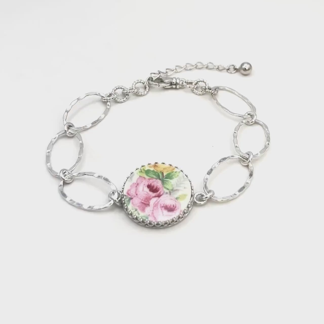 18th Anniversary 2 Roses Bracelet, Gift for Wife, Porcelain Cottagecore Jewelry, Sterling Silver