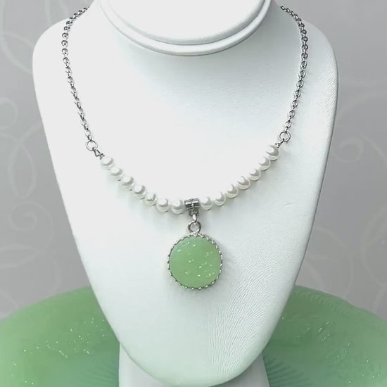 Fire King Alice Jadeite Pearl Necklace, Sterling Silver, Unique Gifts for Women, Mid Century Jewelry, Anniversary Gift for Wife