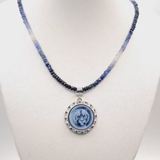 Tiger Cameo Necklace, Natural Gemstone Animal Jewelry, Sapphire Gifts for Men and Women