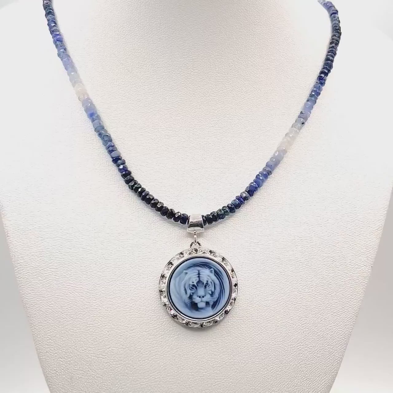 Tiger Cameo Necklace, Natural Gemstone Animal Jewelry, Sapphire Gifts for Men and Women