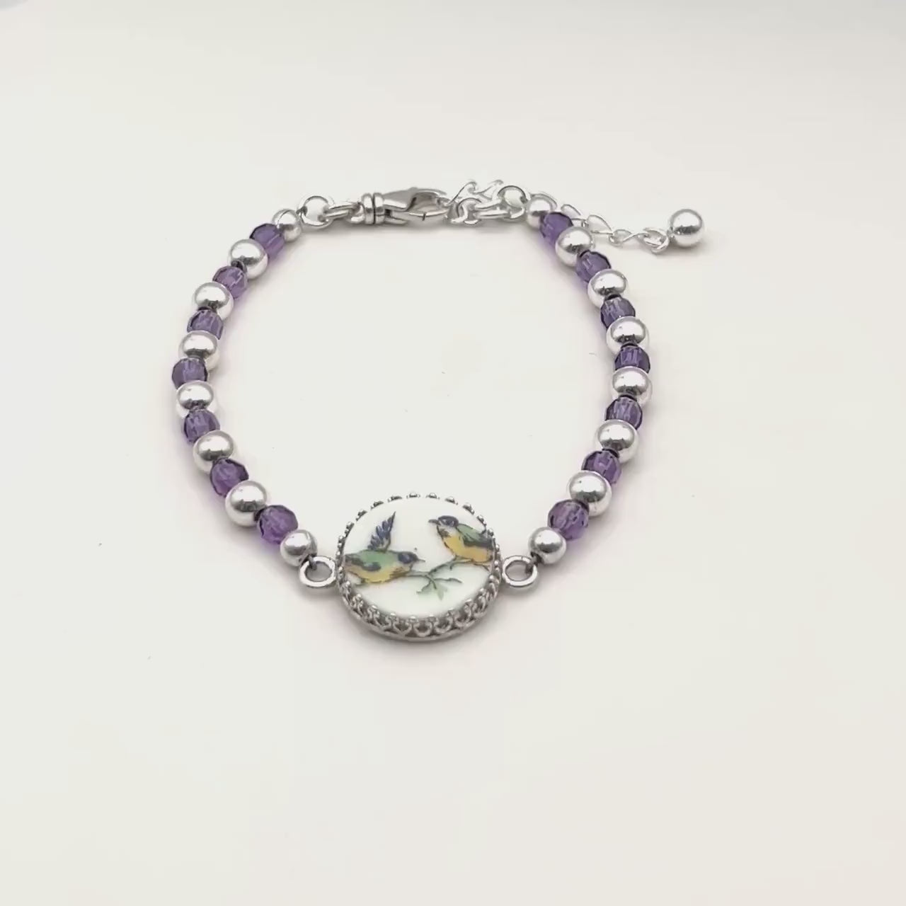18th Anniversary Gift for Wife, Amethyst Love Birds Bracelet, Repurposed Porcelain Jewelry
