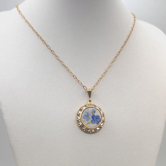 Gold Forget Me Not Crystal Necklace, Romantic 18th Anniversary Gift for Wife, Dainty Porcelain Jewelry