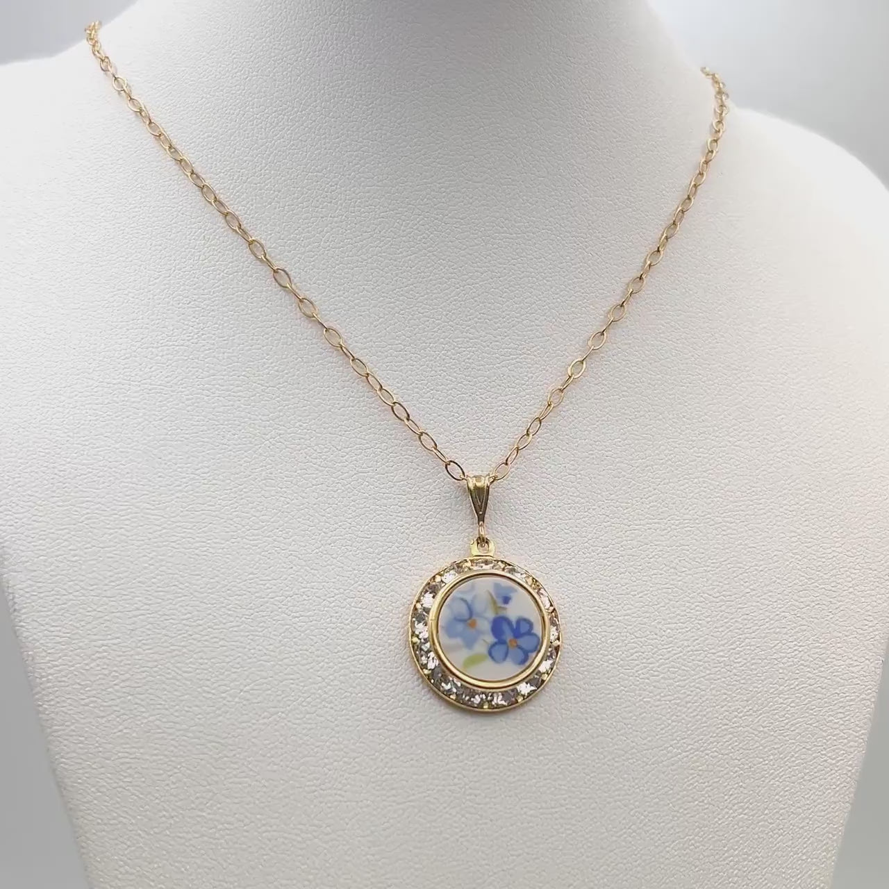 Gold Forget Me Not Crystal Necklace, Romantic 18th Anniversary Gift for Wife, Dainty Porcelain Jewelry