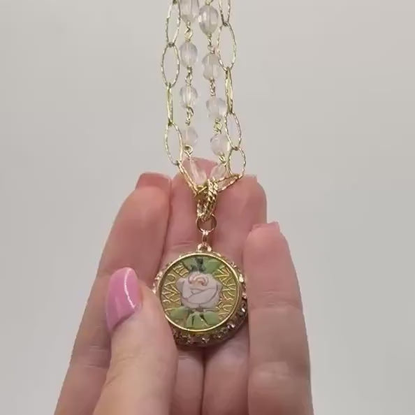 Hand Painted Depression Glass Necklace, Cottagecore, Romantic Valentines Day Gift for Her, Gold Jewelry