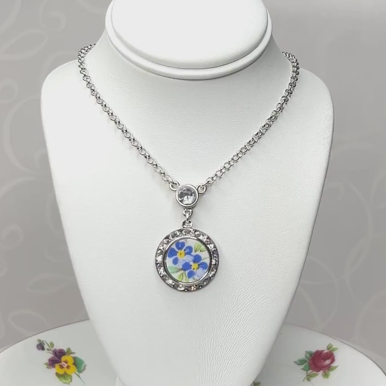 Dainty Forget Me Not Crystal Necklace, 20th Anniversary Gift for Wife, Vintage Broken China Jewelry