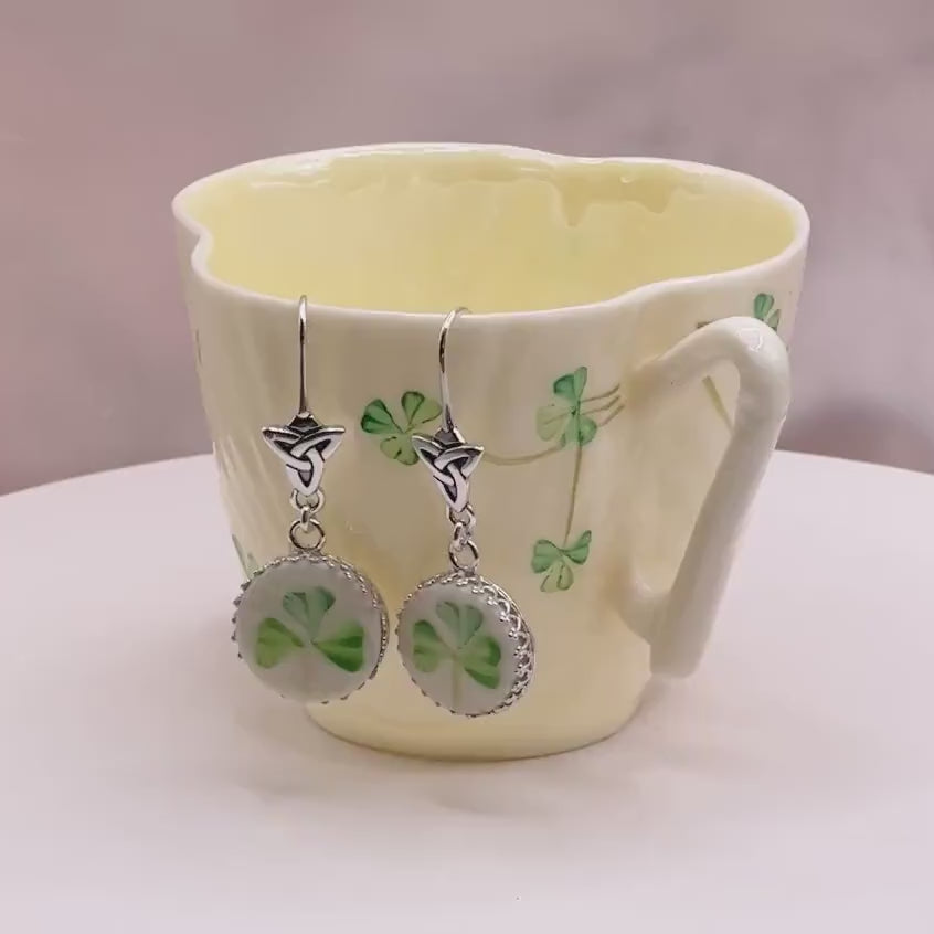 Belleek Irish Celtic Knot Earrings, Broken China Jewelry, Sterling Silver Earrings, Anniversary Gift for Wife