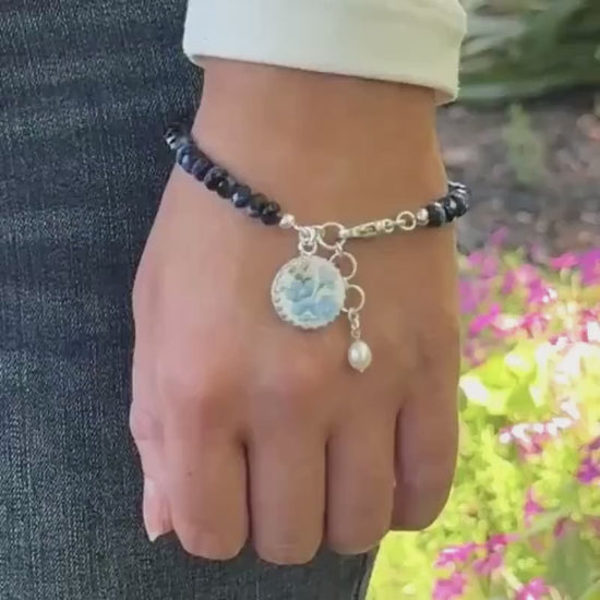 Forget Me Not 18th Anniversary Porcelain Bracelet, Sterling Silver and Gemstone Jewelry Gift for Wife