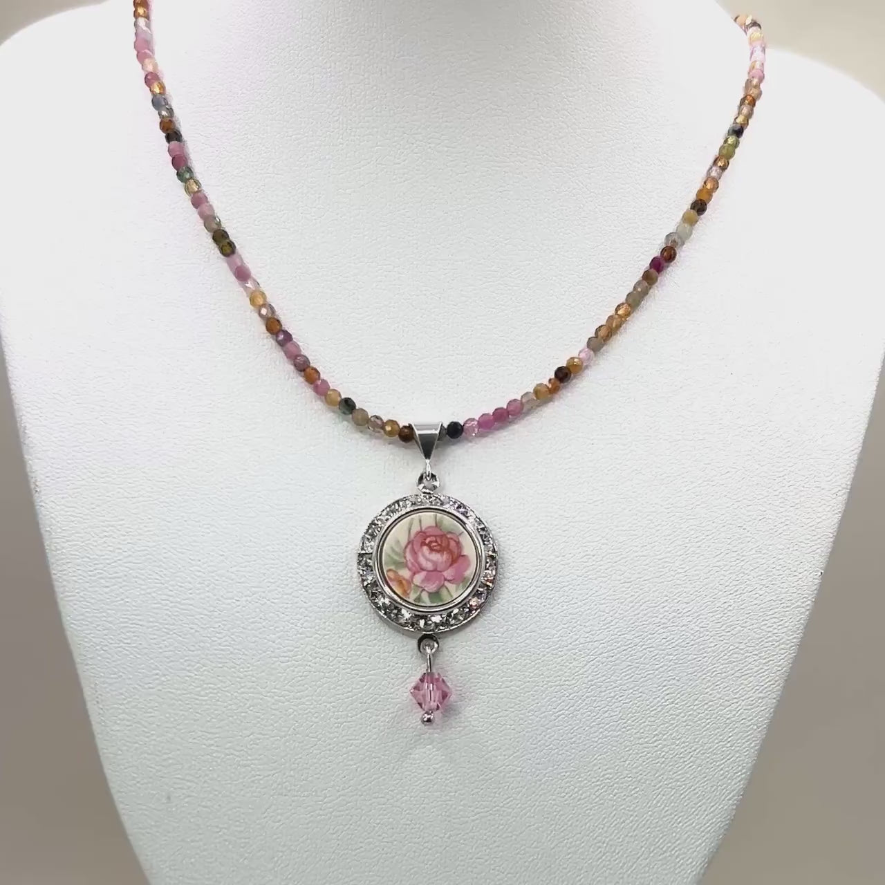 One-of-a-Kind Dainty Tourmaline Necklace, Vintage Broken China Jewelry, Pink Rose Crystal Necklace, Gifts for Love and Friendship