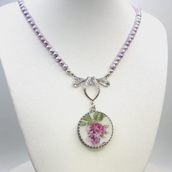 Purple Lilac Necklace, 20th Wedding Anniversary Gifts for Wife, Pearl Broken China Jewelry