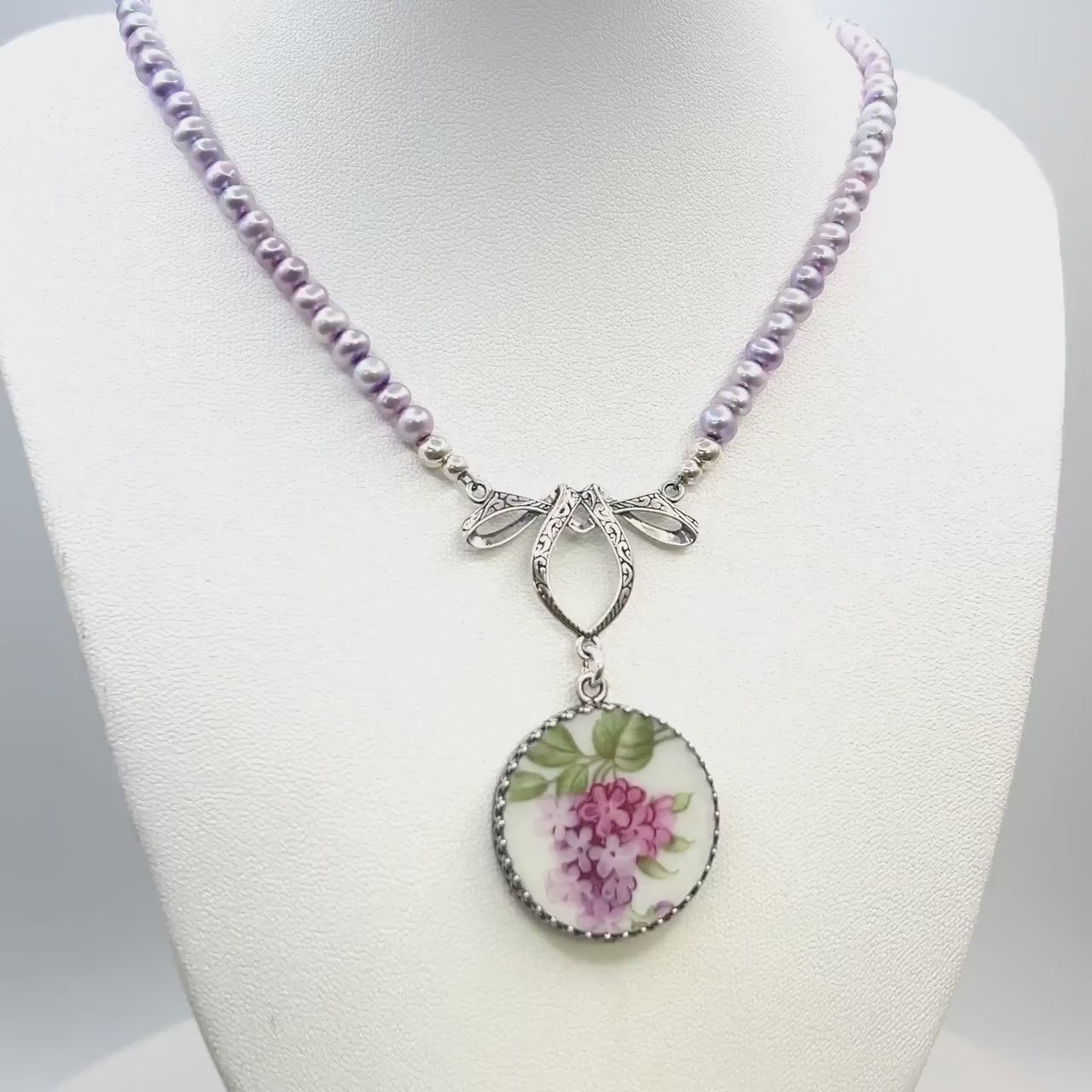Purple Lilac Necklace, 20th Wedding Anniversary Gifts for Wife, Pearl Broken China Jewelry