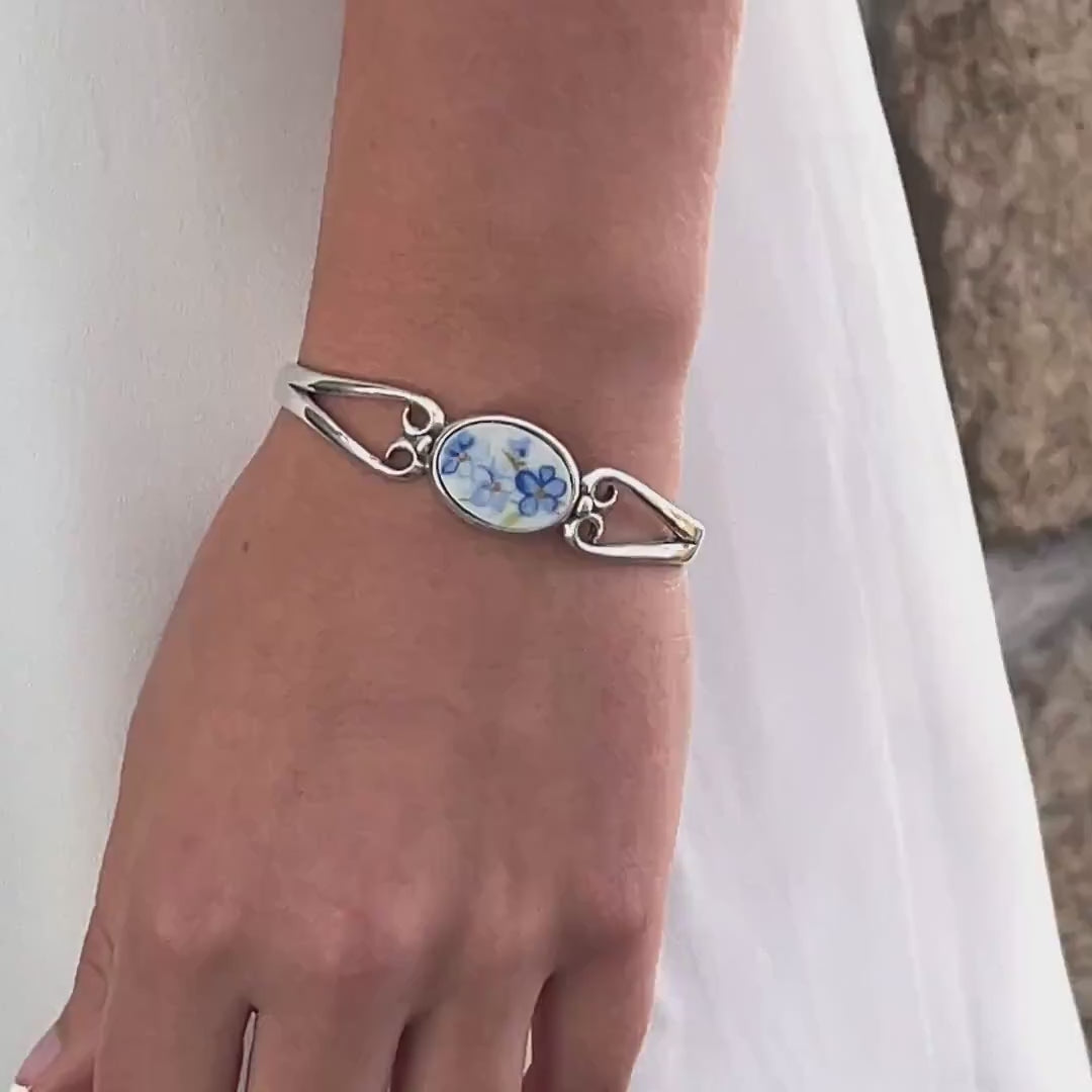 Forget Me Not China Cuff Bracelet, 20th Anniversary Gifts for Wife, Blue Flower Vintage Broken China Jewelry, Sterling Silver