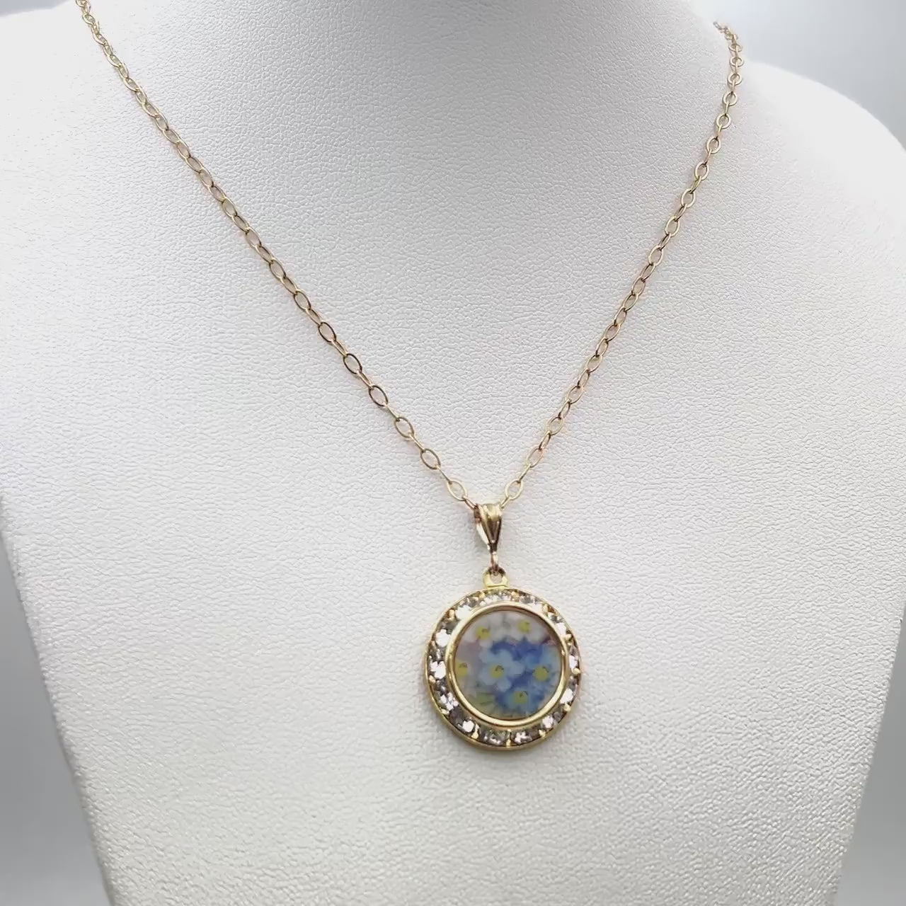 Forget Me Not Gold Necklace, Hand Painted Broken China Jewelry, 20th Anniversary Gift for Wife