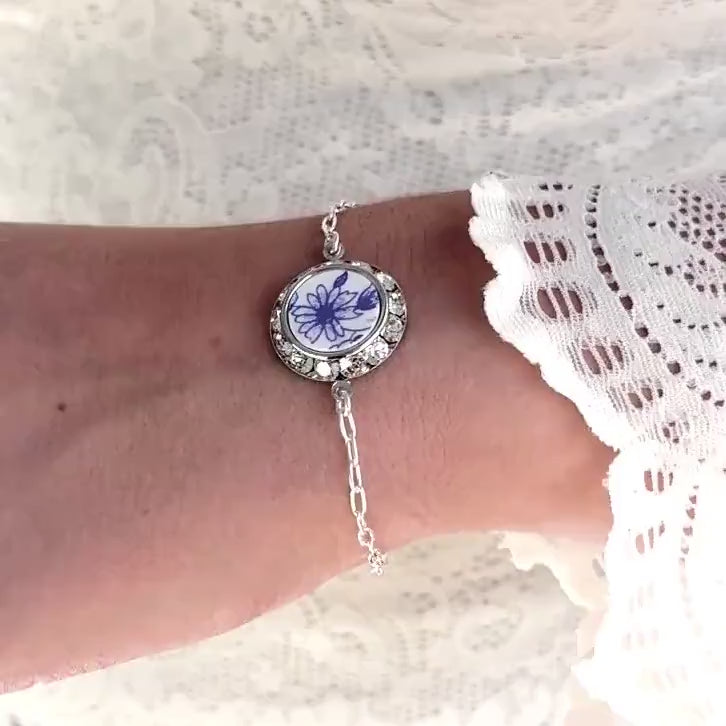 20th Anniversary Gift for Wife, Daisy Broken China Jewelry Charm Bracelet, Adjustable  Sterling Silver Chain, Crystal Bracelet