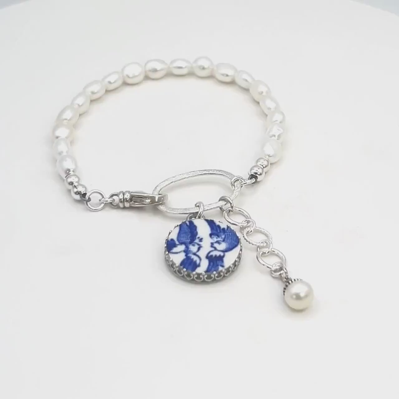 18th Anniversary Love Birds Bracelet, Porcelain Gifts for Wife, Keepsake Pearl Bracelet