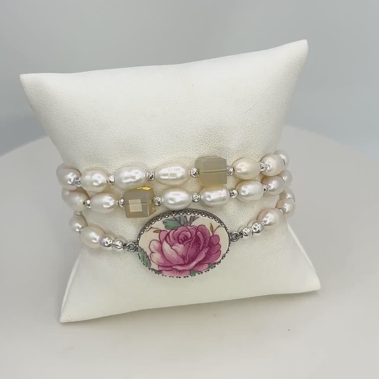 One-of-a-Kind Handmade Pearl Wrap Bracelet, Boho Artisan Unique Bracelet, Sterling Silver, Pink Rose Bracelet