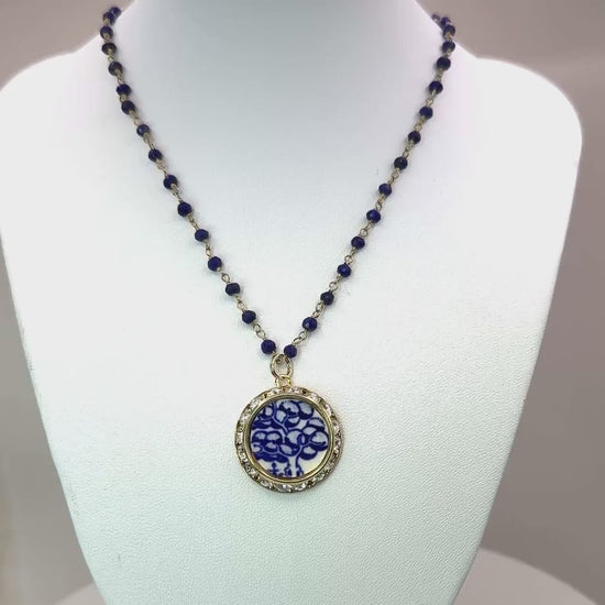 Tree of Life Vintage Blue Willow Necklace, Gold Crystal Broken China Jewelry, Unique Birthday Gifts for Mom, Lapis Lazuli Jewelry