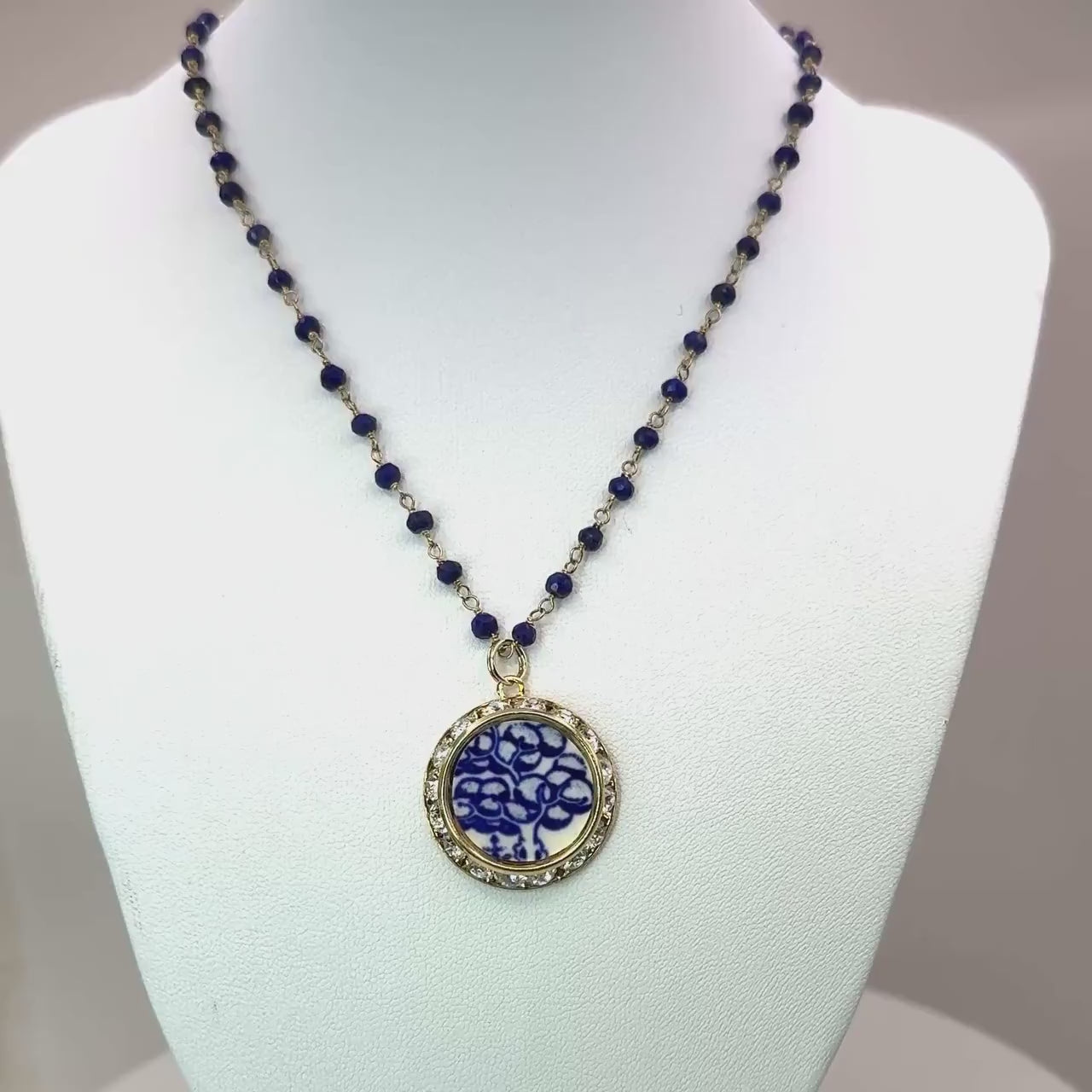 Tree of Life Vintage Blue Willow Necklace, Gold Crystal Broken China Jewelry, Unique Birthday Gifts for Mom, Lapis Lazuli Jewelry
