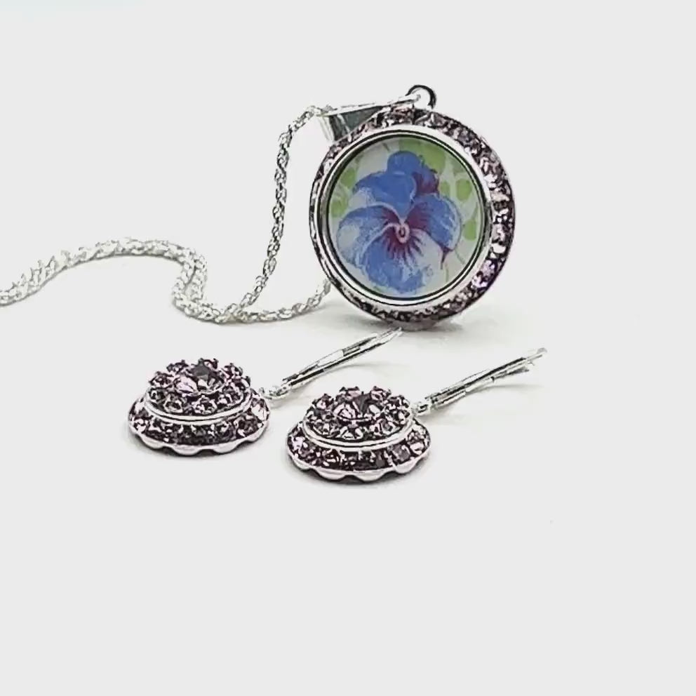 Unique Crystal Jewelry Set, Pansy Broken China Jewelry, Birthday Gift for Mom