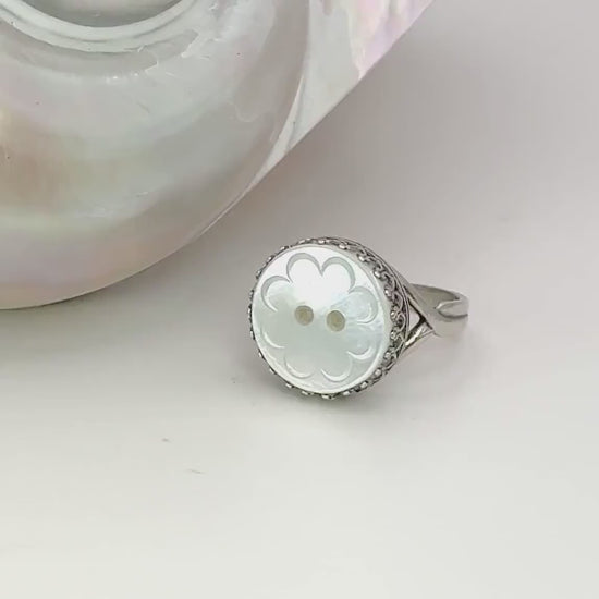 Vintage Mother of Pearl Button Ring, Unique Gifts for Women, Repurposed Button Jewelry, Adjustable Sterling Silver Ring